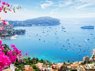 landscape of riviera coast, turquiose water and blue sky of cote dAzur at sunny summer day, France, toned